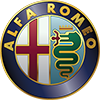 Alfa Romeo logo: white and red cross on left, green serpent on right, blue border.