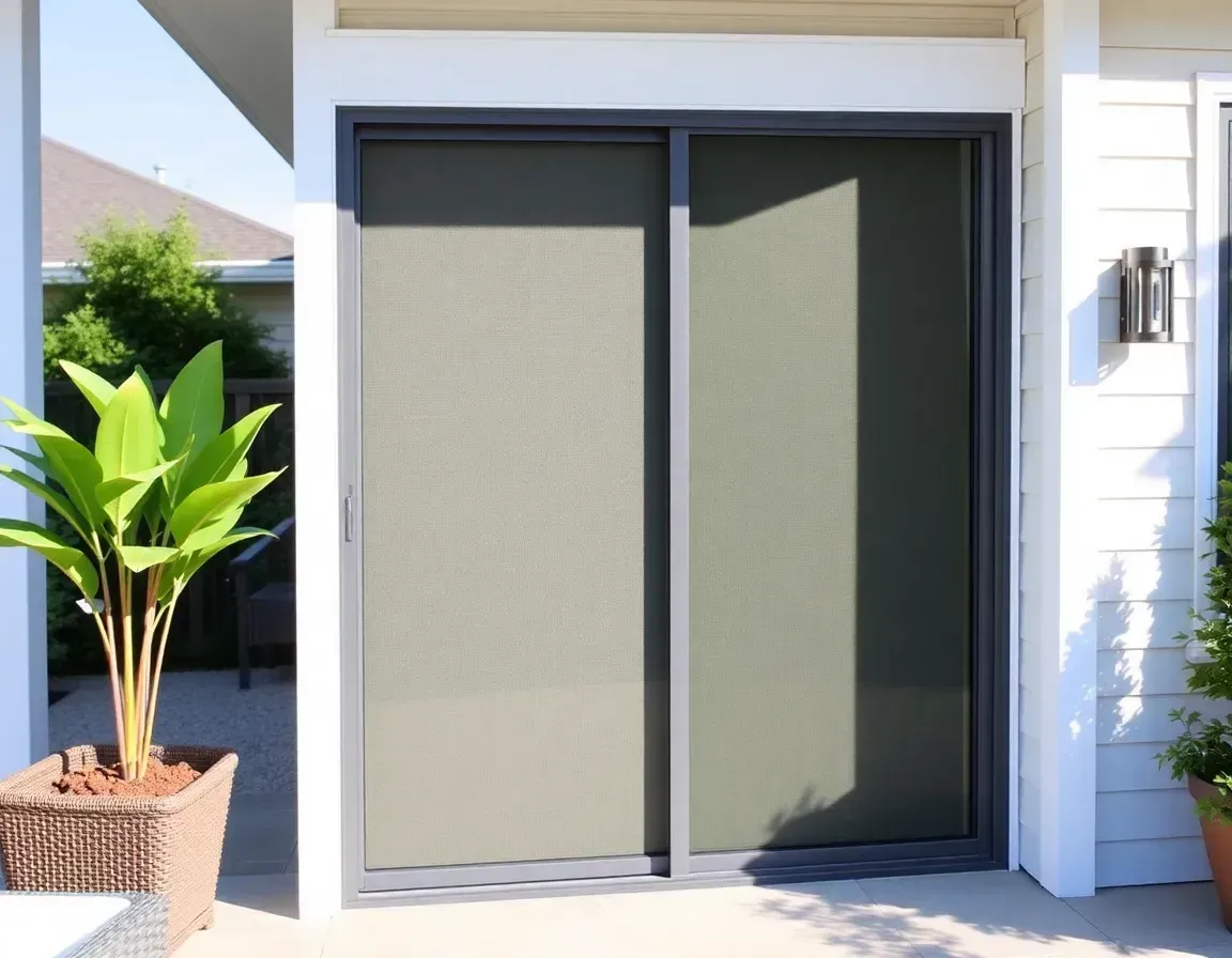 Sliding glass door with gray blinds on a sunny house patio beside a potted plant