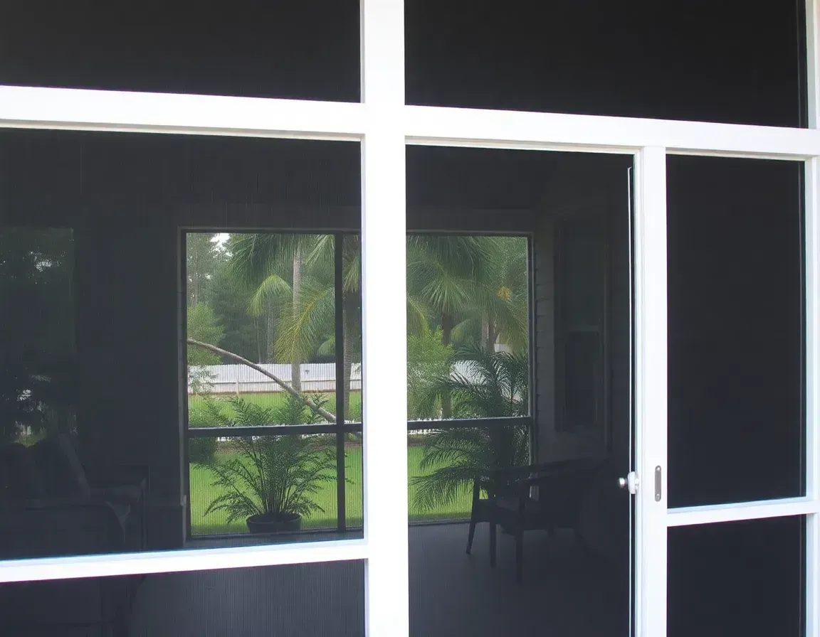 Sliding glass doors with white frames reflecting a green outdoor garden.