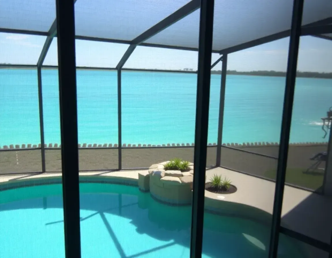 Screened lanai with pool overlooking a turquoise ocean and distant shoreline