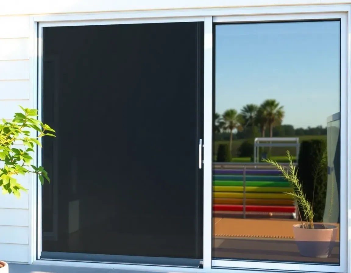 Sliding glass door with black privacy shade and reflection of colorful bench and palm trees