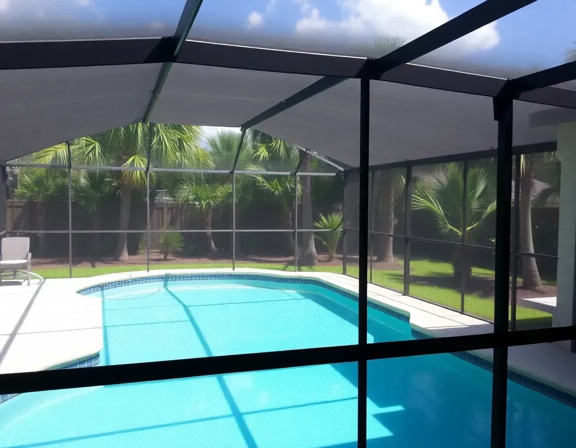 Screened-in backyard pool with bright blue water and patio chairs in the shade