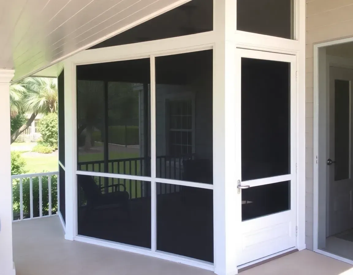 White screened porch with black mesh panels and a door on a covered patio.