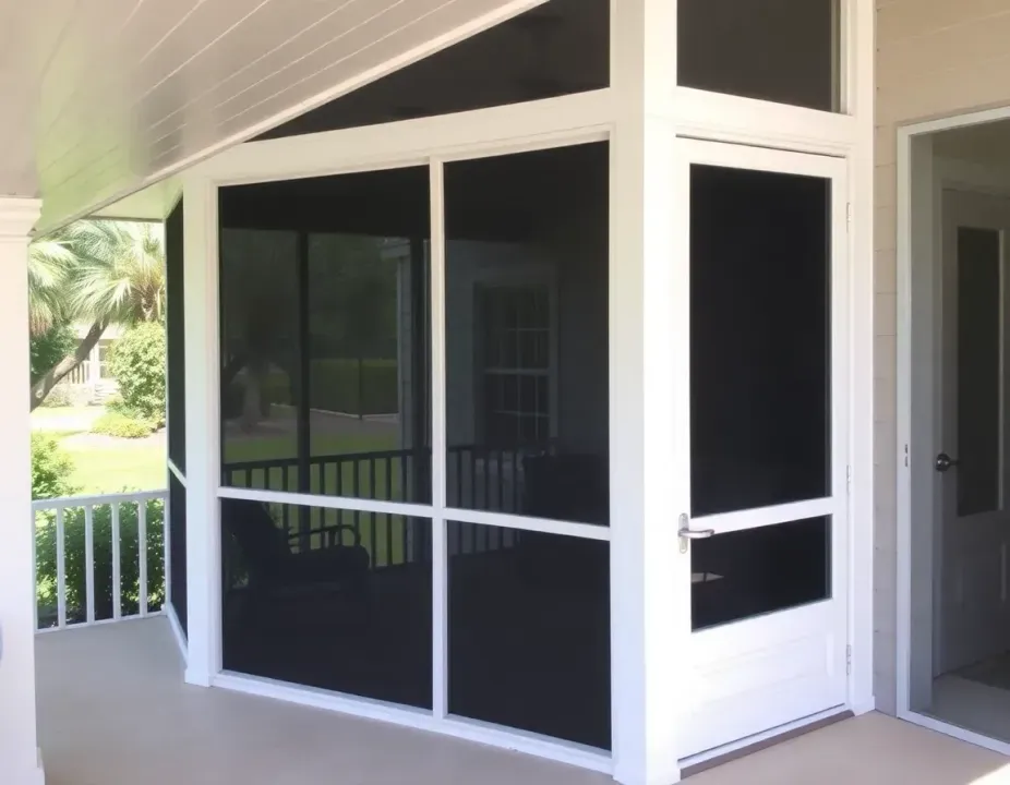 Screened porch with white trim and dark mesh panels beside an open doorway
