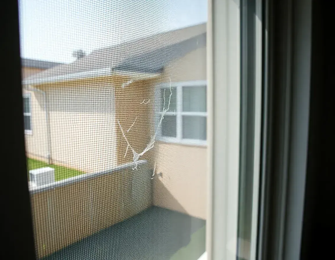 View through a window screen of a backyard with a tan house and patio area.