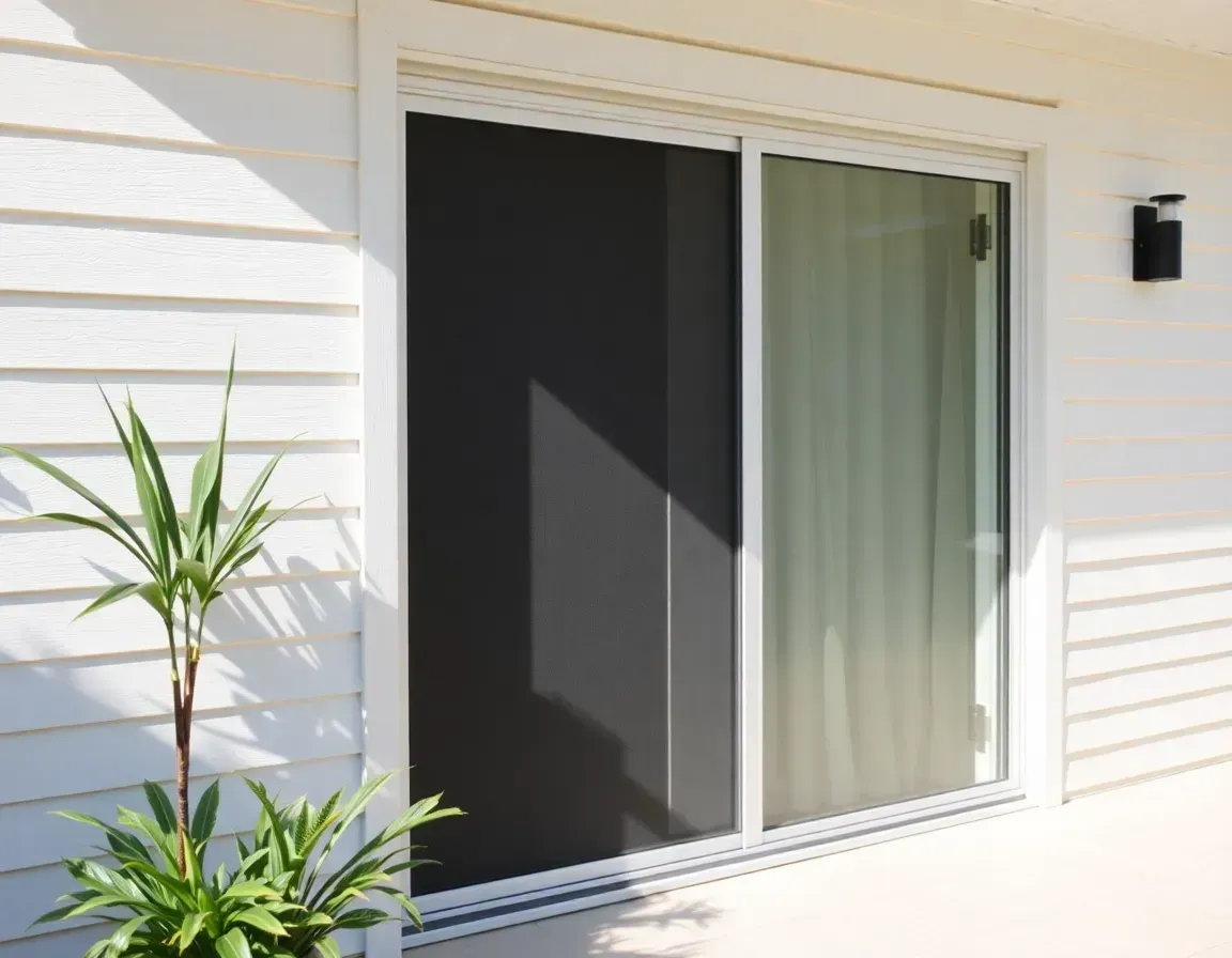 Sliding glass door on a white house exterior with a black wall light and a potted plant nearby