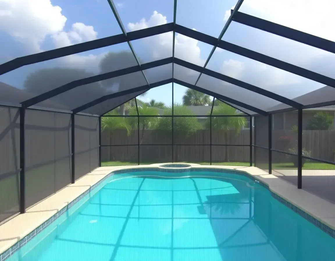 Covered outdoor swimming pool with blue water under a screened enclosure and peaked roof.