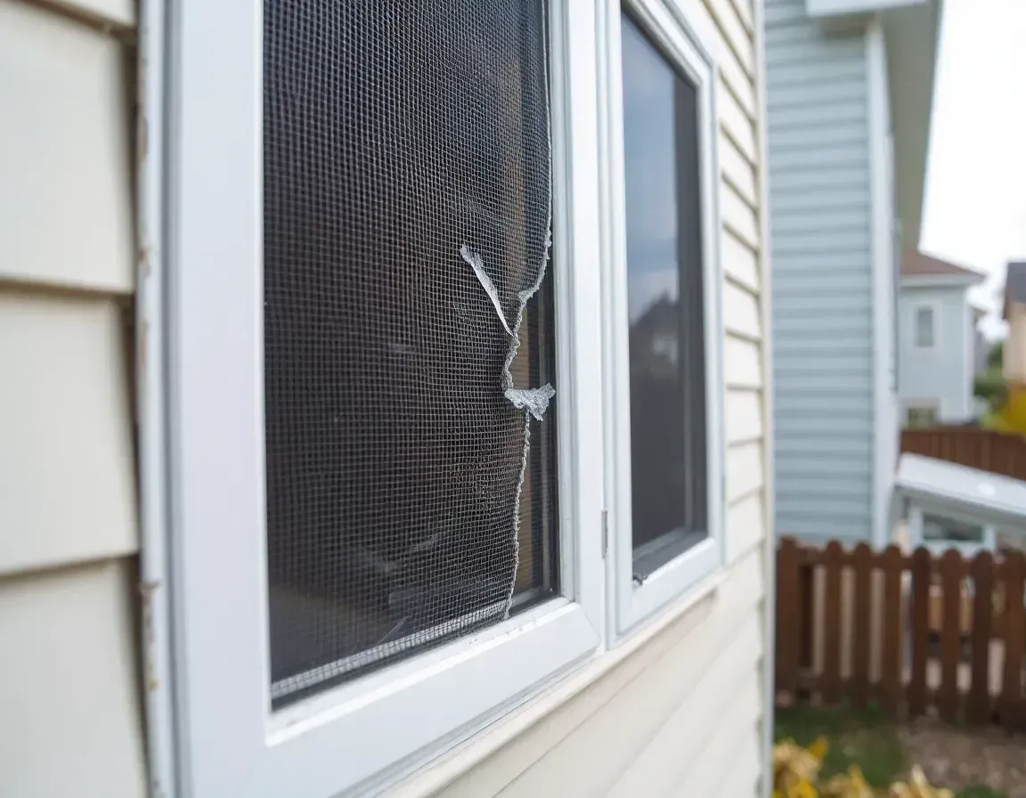 Cracked window screen on a white-framed house window beside beige siding and a wooden fence