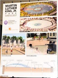 Sign for Martin Luther King Jr. Park. Design drawings of a water basin, and kids playing in the water fountains.