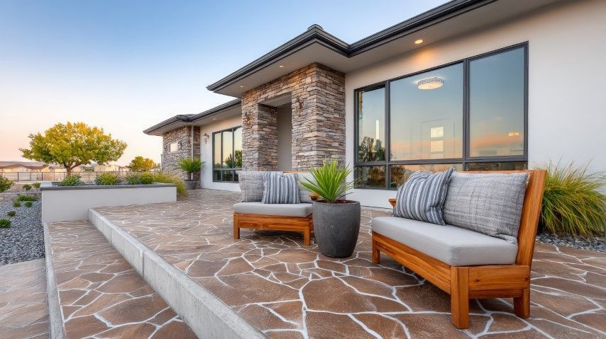 Modern house patio with stone flooring, wood bench seating, and large glass windows at sunset