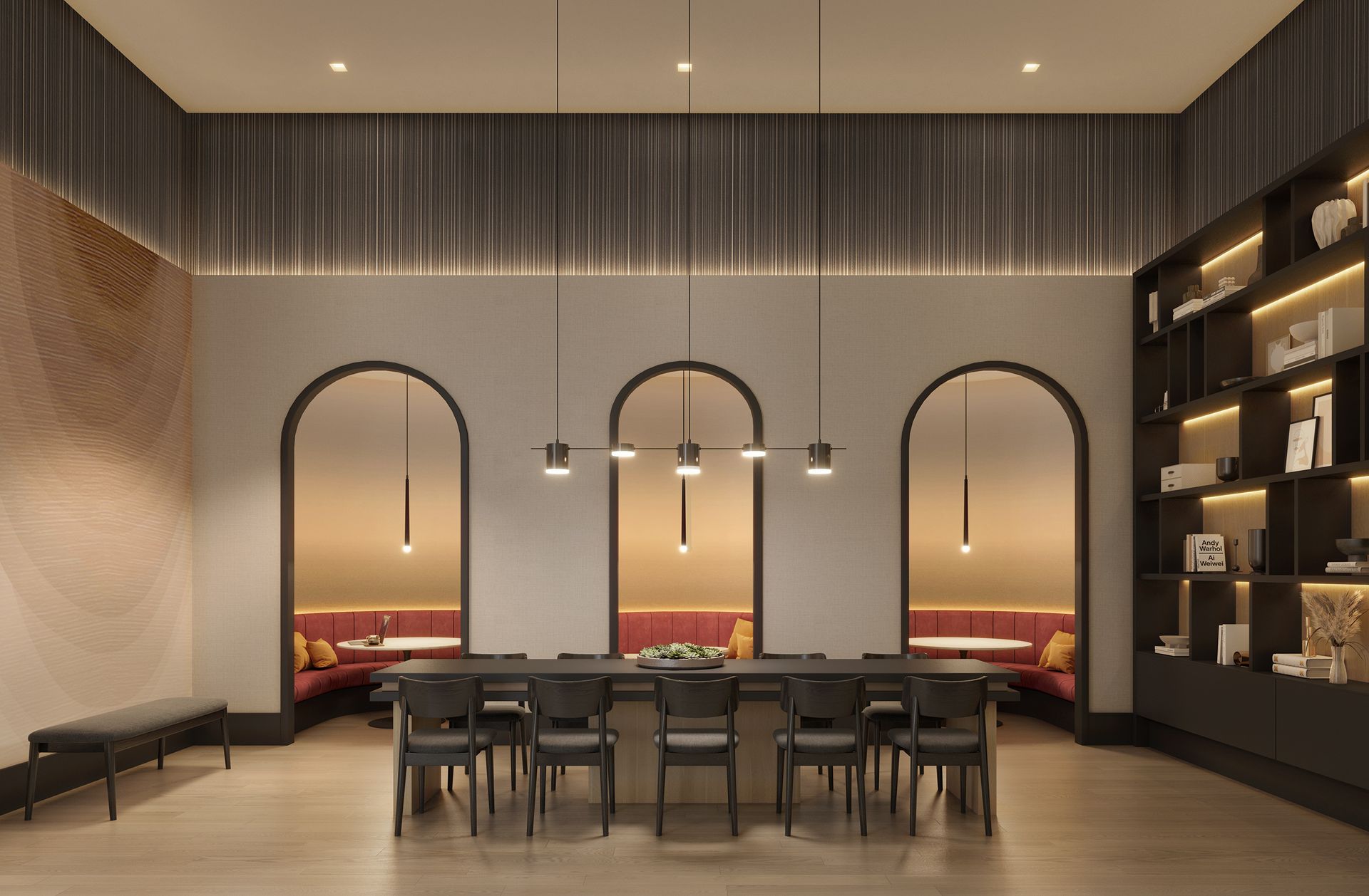 A large room with a table and chairs in it