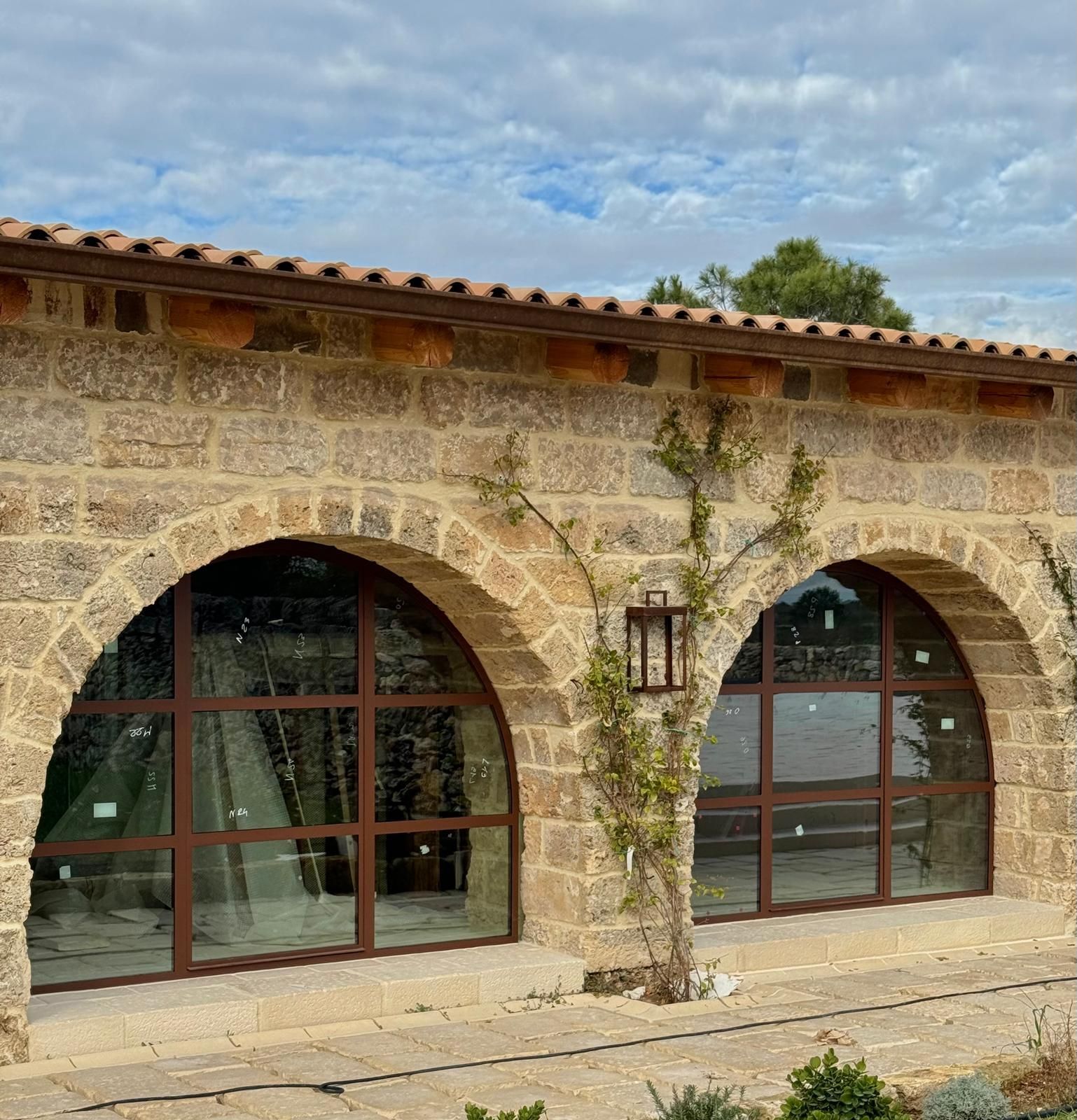 Finestre ad arco con cornici marroni in un edificio in pietra, viticci verdi, cielo nuvoloso.