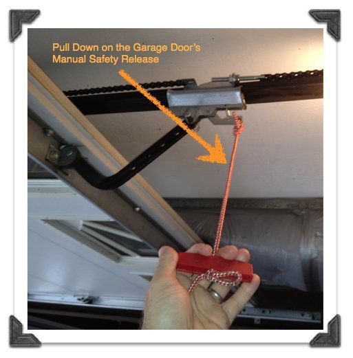 A person is pulling down a garage door 's manual safety release