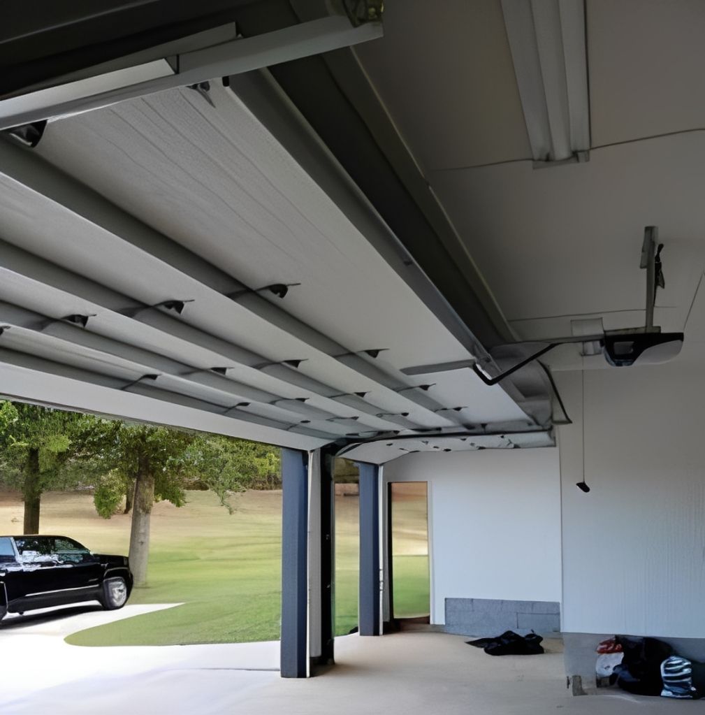 Open garage door with automatic opener in a residential garage