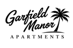 Garfield Manor Apartments logo with black script text and a palm tree on a white background