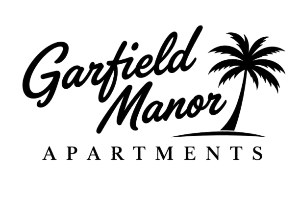 Garfield Manor Apartments logo with black script text and a palm tree on a white background