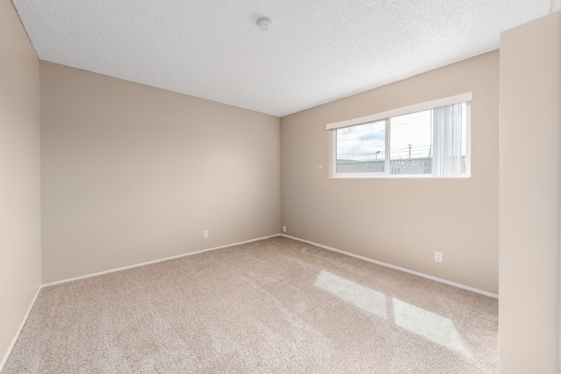 Empty beige carpeted bedroom with a small window and white trim