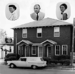 A two-story brick building with a hearse parked in front, with three inset portraits of people positioned above.