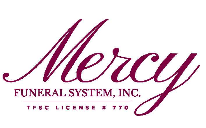 Logo for Mercy Funeral System, Inc. featuring maroon script text and license number 770 on a white background.