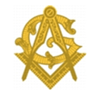 A golden Freemasonry emblem featuring a compass over a square, with the letter G centered between them.