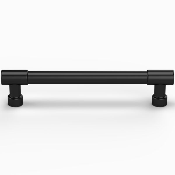 A black cabinet handle on a white background.