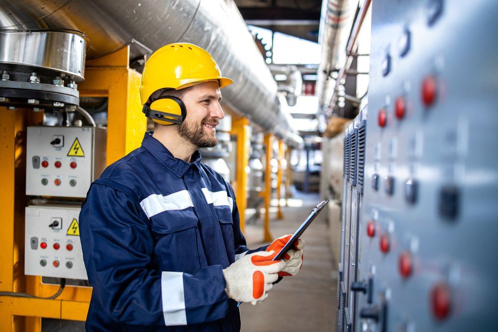 A Man In A Hard Hat Is Using A Tablet In A Factory — RAFFBRO Electrical Solar & Air Conditioning In Wodonga, VIC