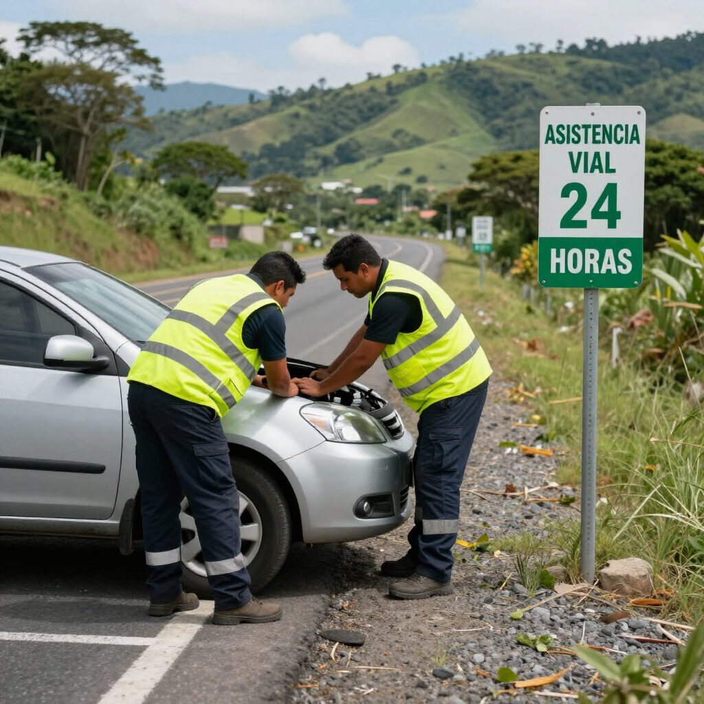 Dos operarios de carreteras con chalecos reflectantes inspeccionan un coche plateado aparcado al borde de una carretera rural, junto a una señal de asistencia 24 horas.