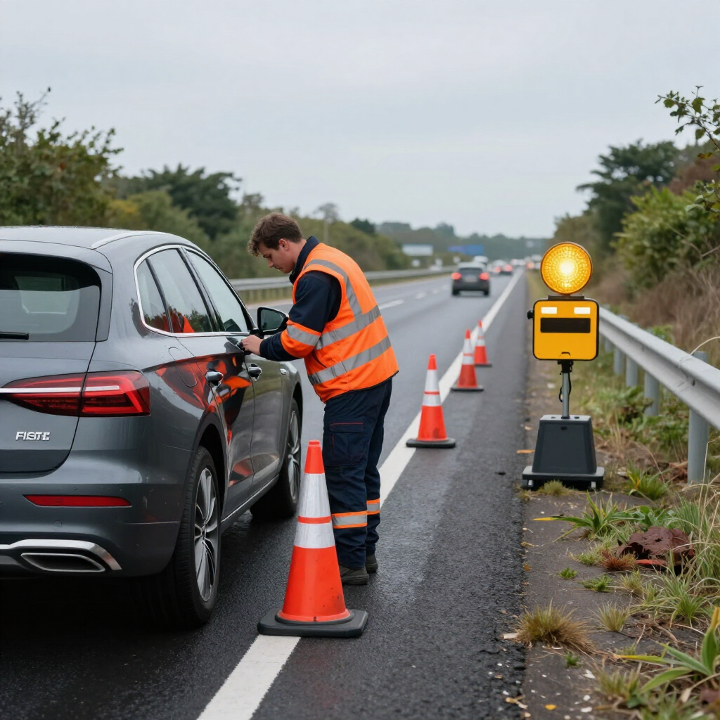 Control de vehículos en carretera con un trabajador con chaleco naranja y conos de seguridad en el arcén mojado de la autopista.