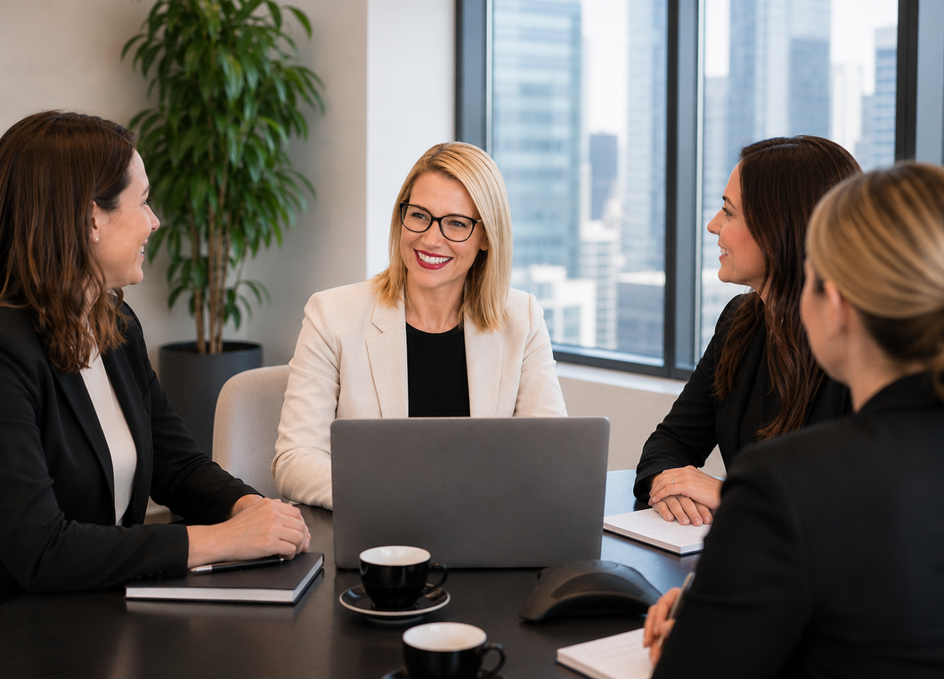 Four people in a business meeting around a conference table, with laptops and a city view behind them
