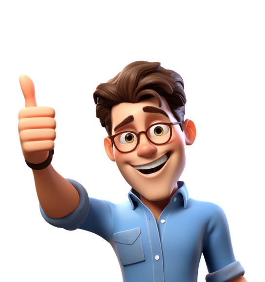 Homme animé portant des lunettes faisant un signe de pouce levé.