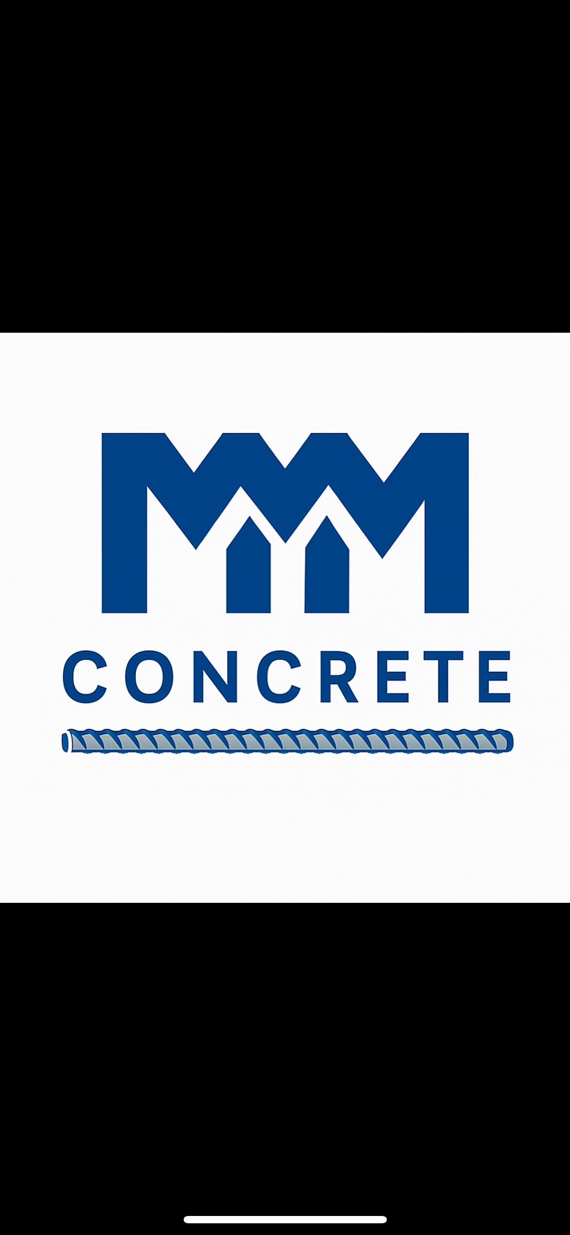 Logo for MM Concrete, featuring blue stylized "MM" above "CONCRETE" text and a horizontal rebar image.