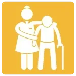 Yellow accessibility sign with white elderly person supporting another person with a cane