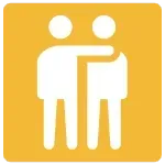 Two white human figures with one arm around the other on a yellow square background