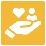 White hand holding a person and heart icon on a yellow square background