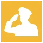 White saluting officer silhouette on yellow square background