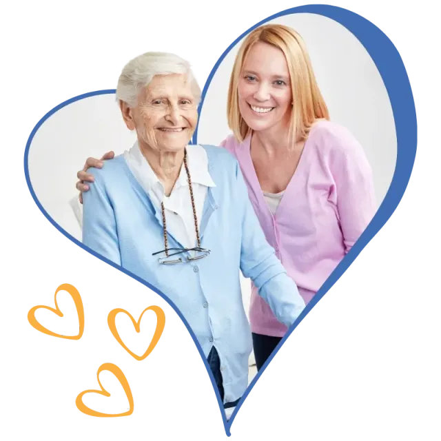 Smiling doctor with elderly patient inside a blue heart, with small orange hearts nearby