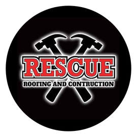 RESCUE Roofing and Construction logo with crossed hammers on a black circle background