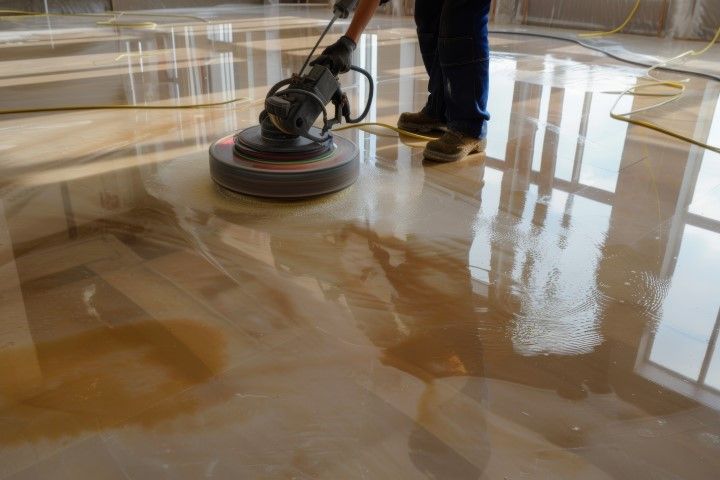 A person is polishing a marble floor with a machine.