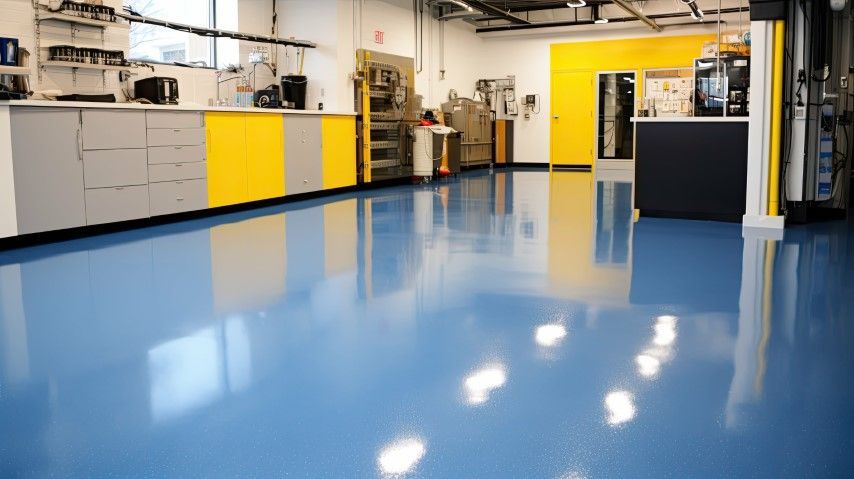 A large room with a blue floor and yellow cabinets.