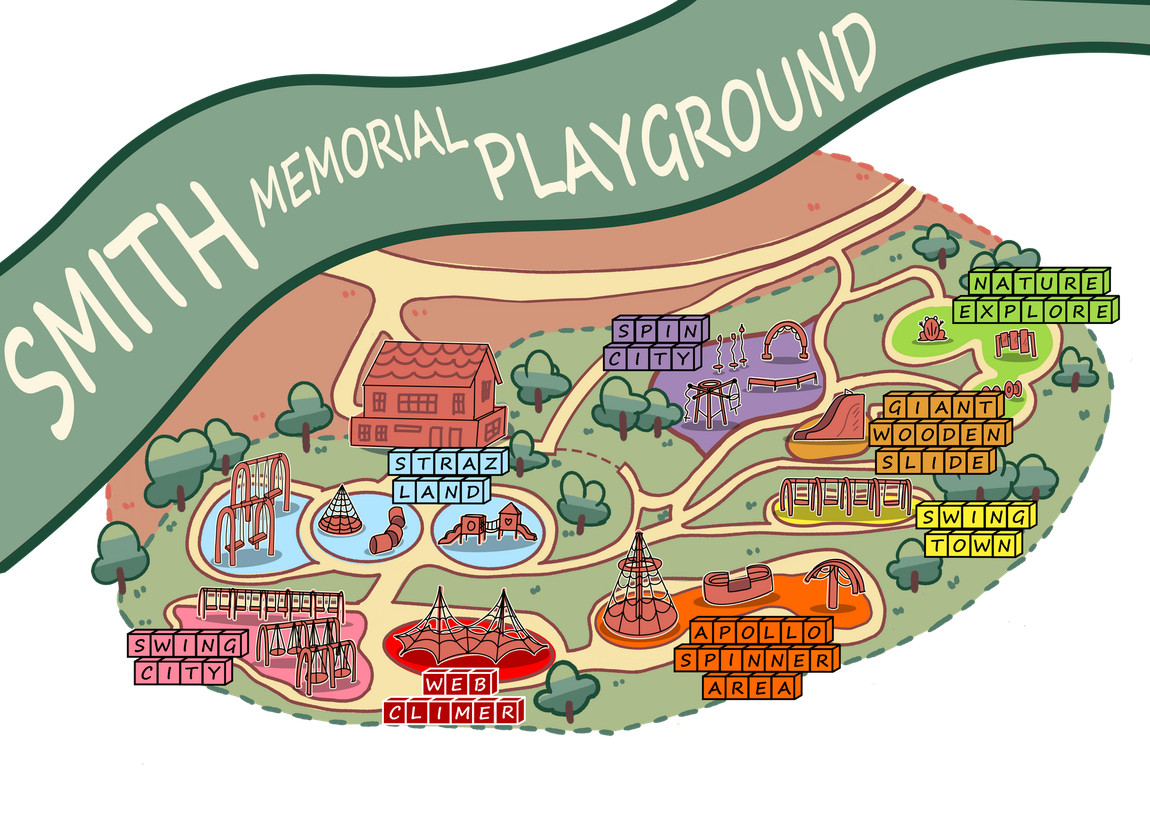 Illustrated map of Smith Memorial Playground with labeled play areas, trees, paths, and a large green banner title