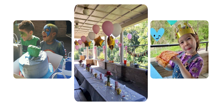 Three party snapshots: kids with cake, a decorated table with balloons, and a child holding pizza.