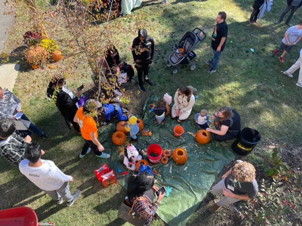Overhead view of people gathered around pumpkins on a green tarp in a grassy yard
