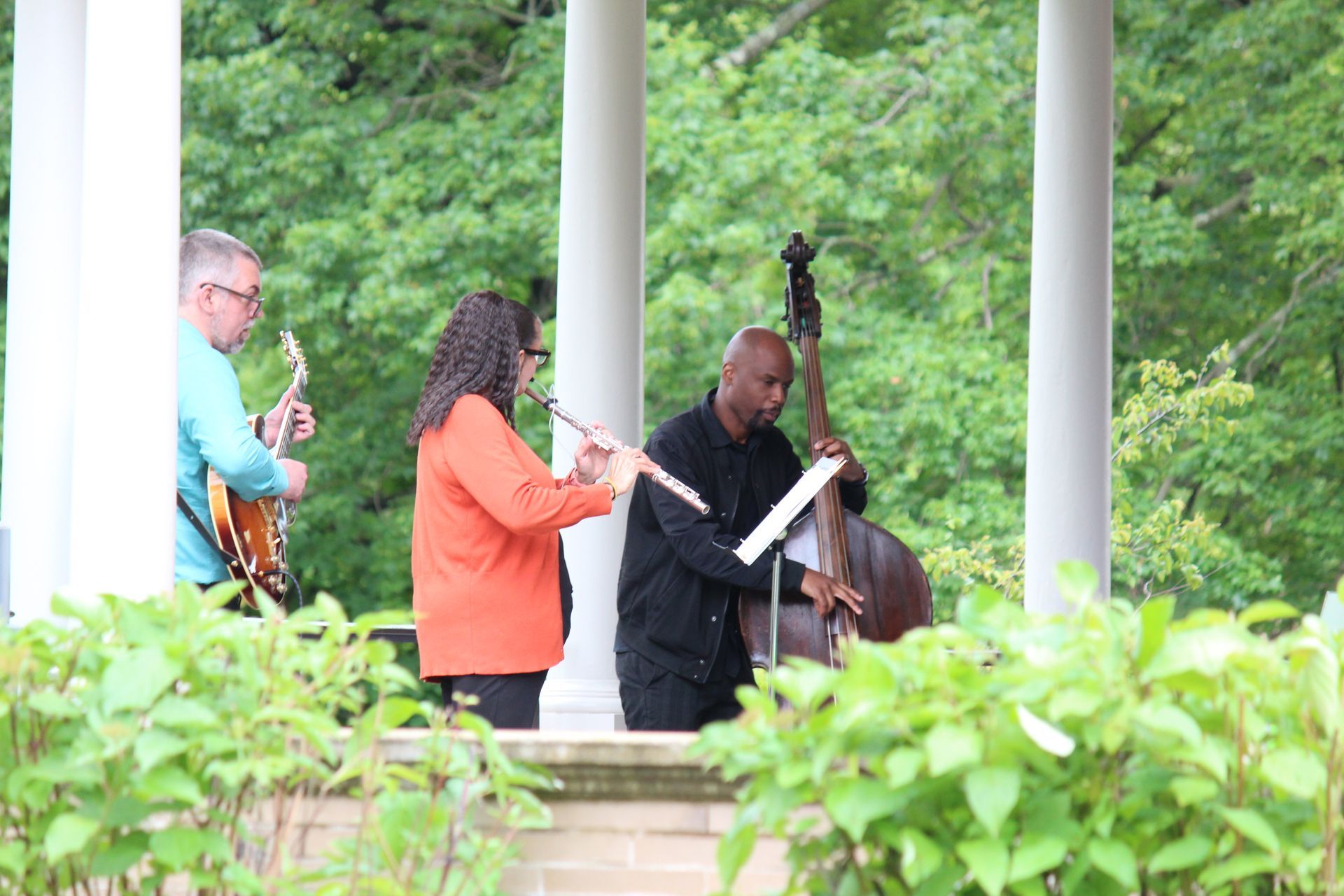 Three musicians performing outdoors on a pavilion, including violin and upright bass.