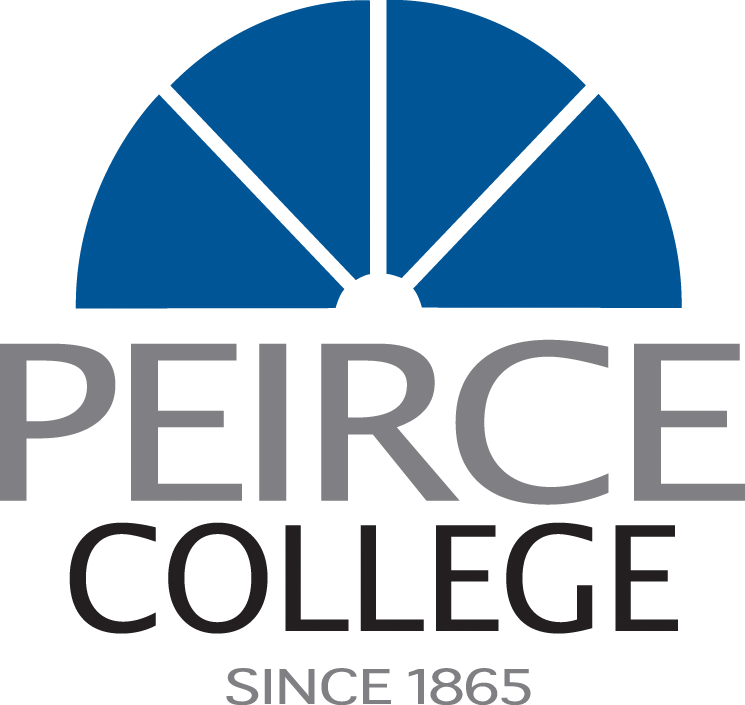 Pierce College logo with blue arch icon and gray text, “PIERCE COLLEGE” and “SINCE 1865”
