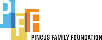 Pincus Family Foundation logo with overlapping blue, yellow, and orange letters PF F