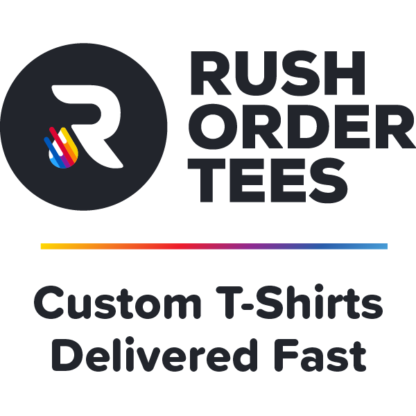 Rush Order Tees logo with multicolor R icon and text: Custom T-Shirts Delivered Fast