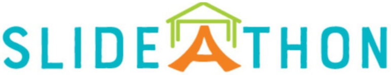SLIDEATHON logo with teal text and an orange house-shaped icon over the A