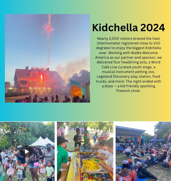 Kidchella 2024 festival poster with stage fireworks, crowd, tents, food vendors, and outdoor activities