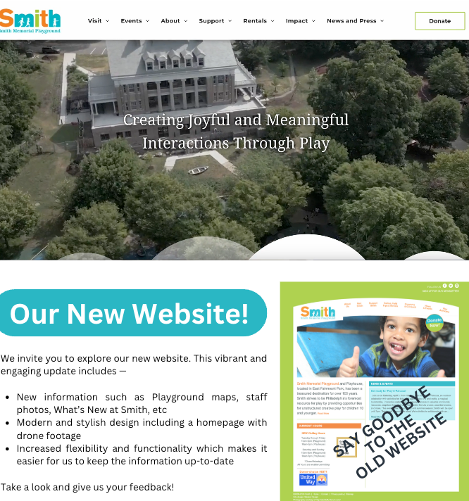 Smith website homepage with a child photo and headline “Creating Joyful and Meaningful Interactions Through Play”
