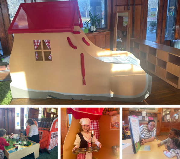 Indoor play area with a red-roofed toy house and small photos of children playing around it